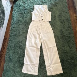 White Vest and Wide-Leg Pants Set :M