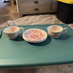 Five Piece.. Title: Vintage Grindley England Pink Chintz Tea Cups & Saucers (Set of 2 Duos + Extra Saucer)