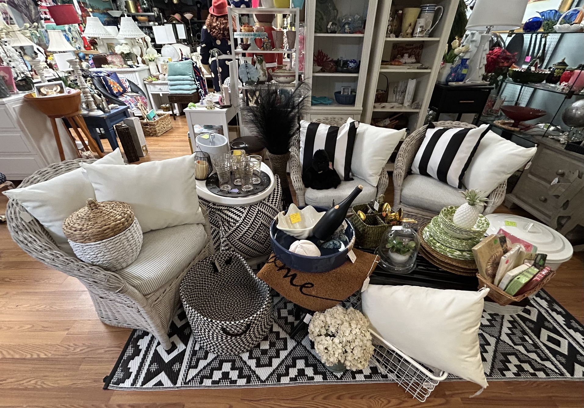 3 Vintage Distressed white wicker club Chairs