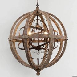 （B-0-1）5-Light Retro Globe Weathered Wood Chandelier Crystal Accents