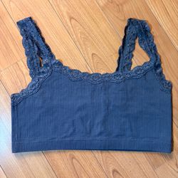 Ribbed Seamless Lace Trim Crop Top Bralette Cami Slate Blue Charcoal