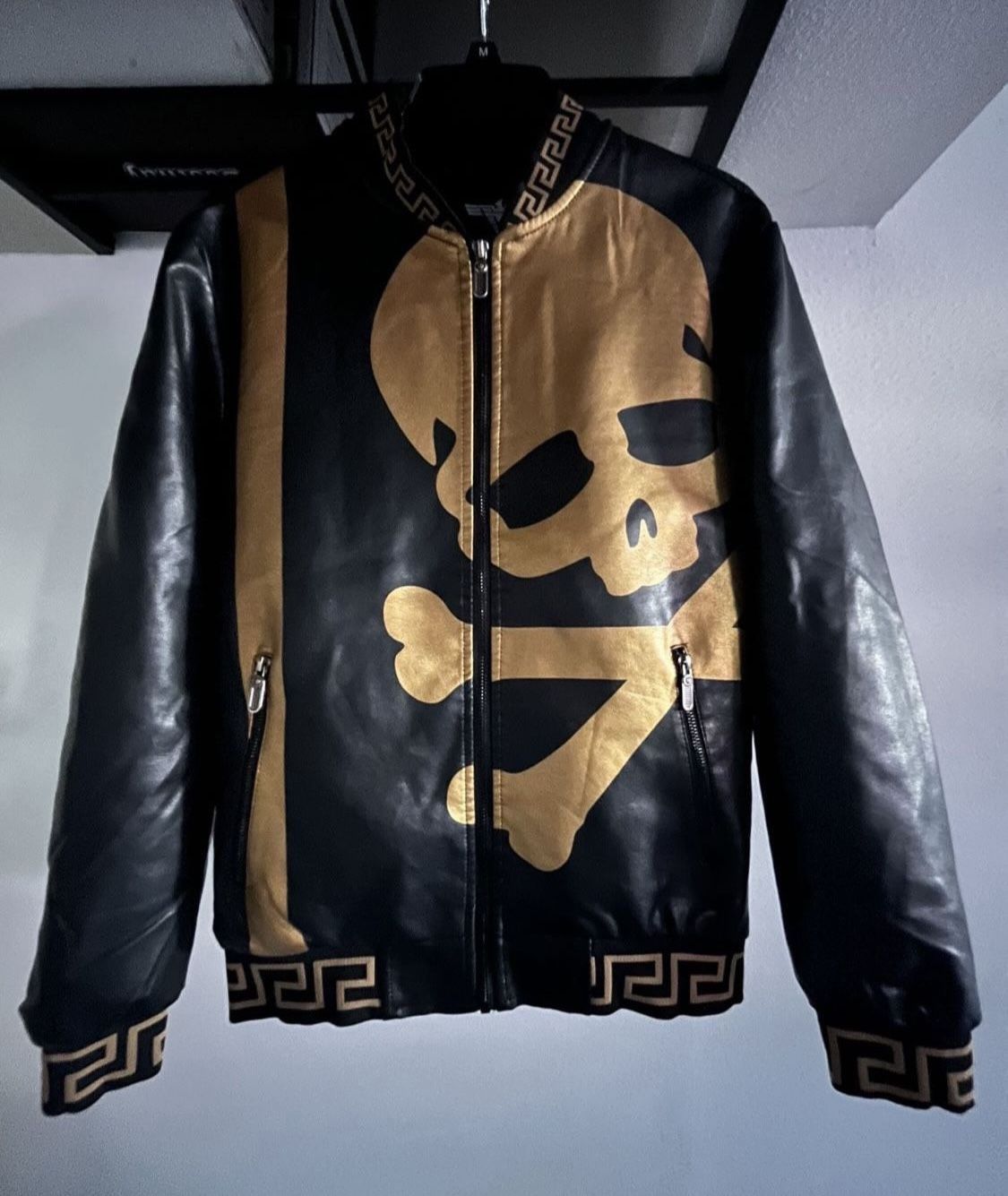 New Black & Gold Skull PU Leather Jackets Mens Small