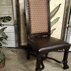 Red Crosses On Brown Fabric 48" Back Espresso Leather Deep Seat Dining Chair