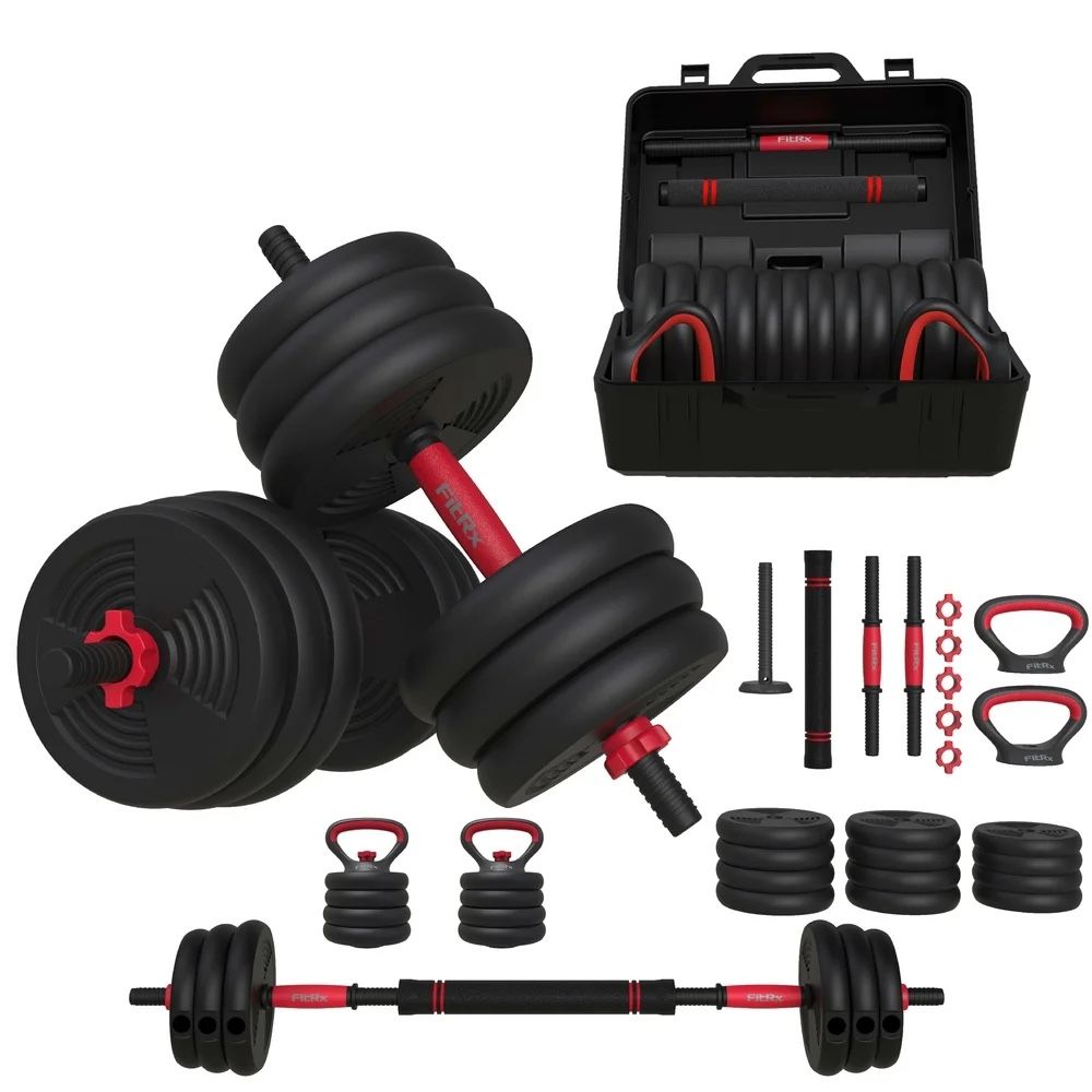 FitRx SmartBell Gym, 60lb 4-in-1 Portable Interchangeable Dumbbell, Barbell, and Kettlebell Set with Adjustable Weights,