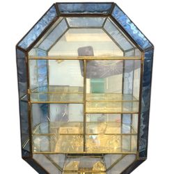 VTG GLASS & BRASS CURIO WALL DISPLAY CASE FLORAL ETCH & BLUE STAINED GLASS