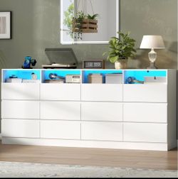 12-Cell Divided Drawers White Dresser with Charging Station & Led Lights for Bedroom, Long 63" Wide Dresser TV Stand for TVs up to 75", Large Dressers