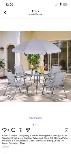 Vongrasig 6 Pieces Folding Patio Dining Set, All Weather Small Metal Outdoor Table and Chair Set, Garden Patio Furniture Set w/Umbrella, Glass Table &