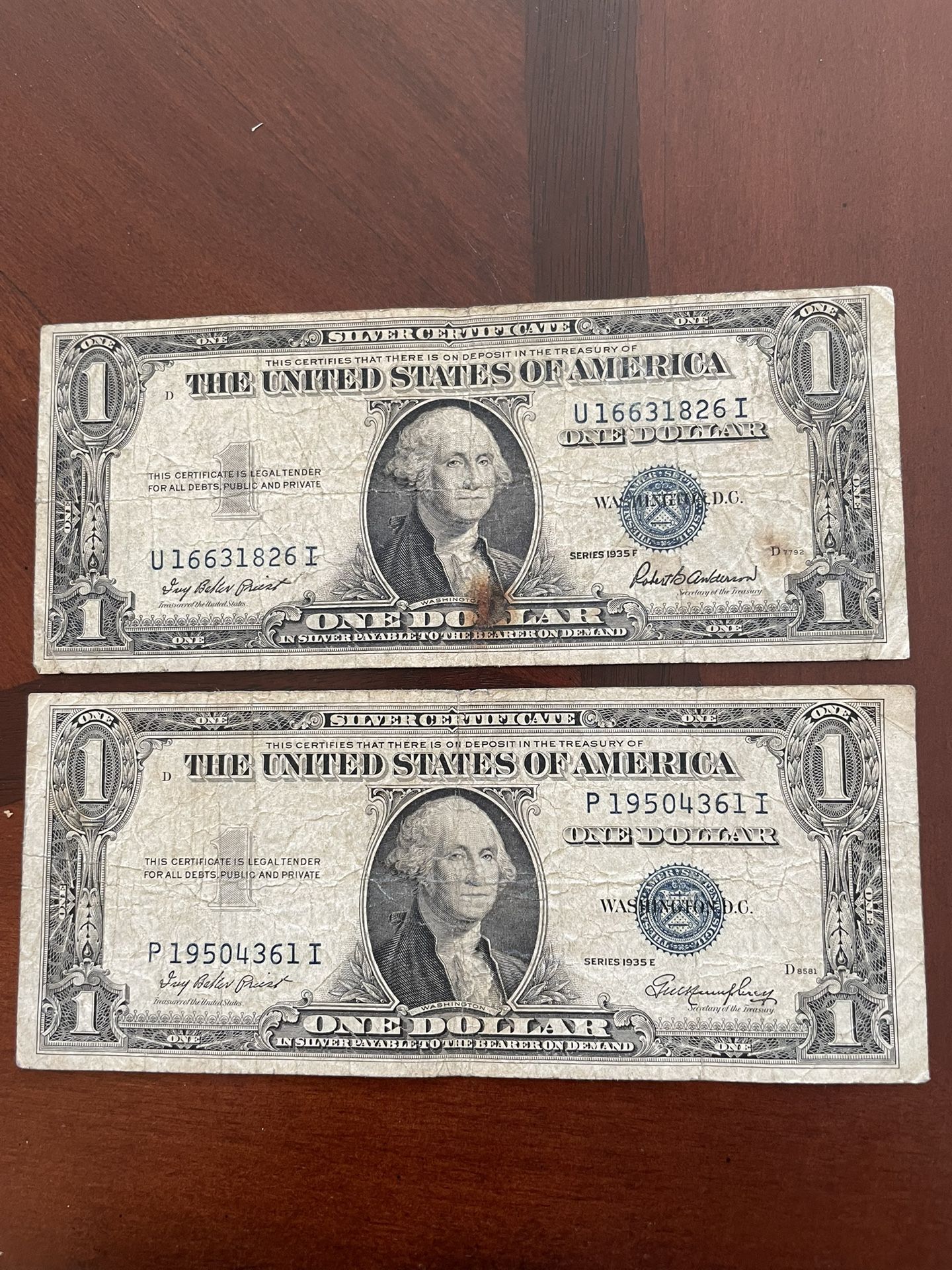 Two 1935 Series Silver Certificate One Dollar Bills