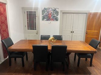 Wood Dining Table with 6 Black Chairs + coffee table (glass)