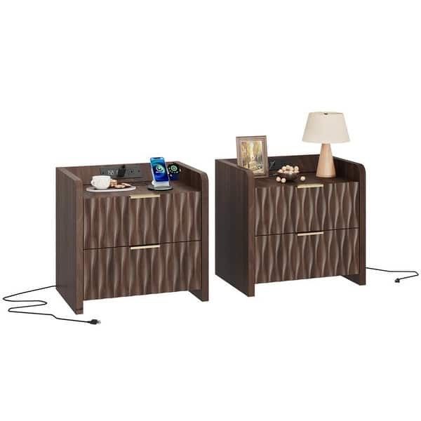 Nightstand Set of 2, Double-Drawer Storage with Charging Station, for Bedroom & Living Room - Bed