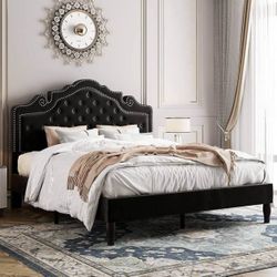 King size Velvet Bed Frame with Adjustable Headboard, Wooden Slats, No Box Spring Needed, Easy Assembly,