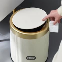 Luxury Cream White & Gold Ribbed Trash Can - 3.17 Gal Large Capacity, 