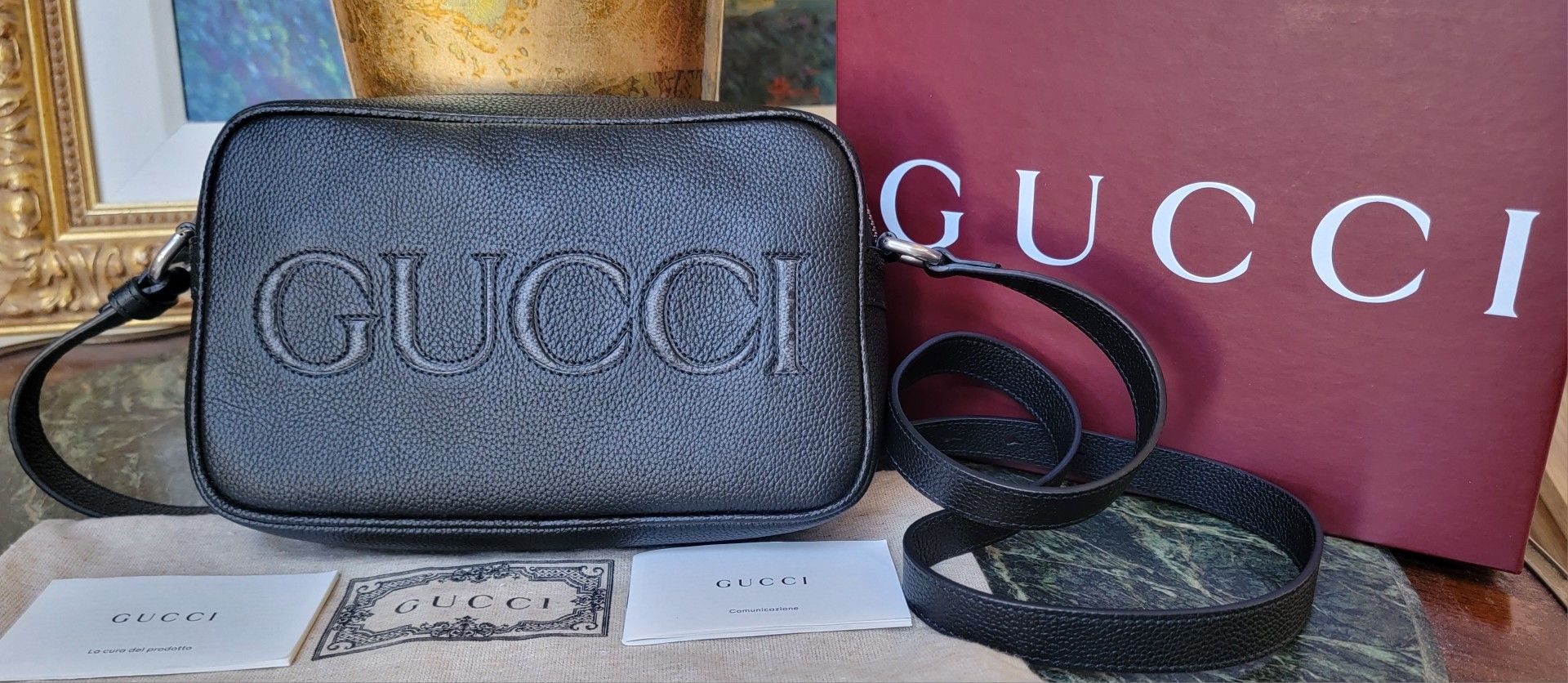 NWT GUCCI BLACK LEATHER SHOULDER CAMERA BAG CANVAS MONOGRAM LOGO CROSSBODY W BOX 