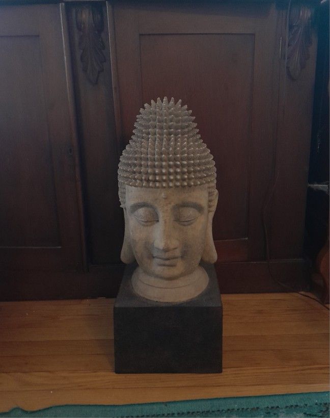 Serenity Buddha Head, Stone Statue On Wooden Stand