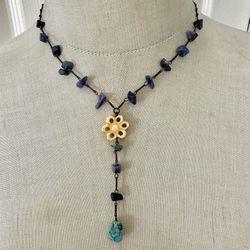 Boho  Sodalite + Bone Flower Necklace  w/ Turquoise Drop