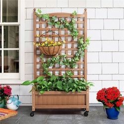50" H Raised Garden Bed with Trellis & Wheels Standing Vertical Horticulture Planter Box for Vine Climbing Plants, Flowers, Herbs Brown