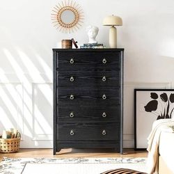 Wood Dresser for Bedroom – 5 Drawer Tall Chest of Drawers with Natural Wood Veneers, Vintage Style Storage Dresser, Water-Based Finish, Sturdy Frame, 