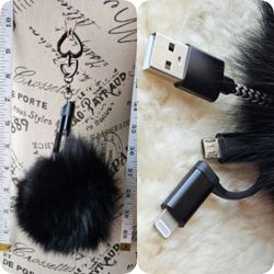 Black Fur Pom Pom Charging Cables Keychain 