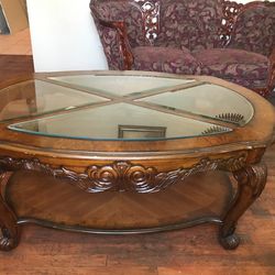 Wood and Glass Ornate Carved Coffee Table