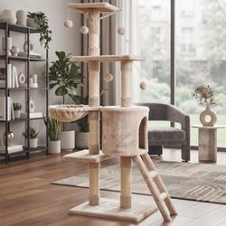 Costway 56-Inch Cat Play Tree with Condo, Hammock & Scratching Posts Ladder, Beige (PS7389BE)
