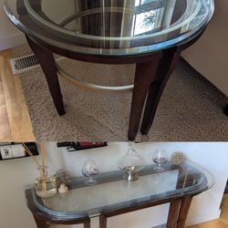 Modern Glass-Top Matching Side Table and Console Table Set with Wood Accents