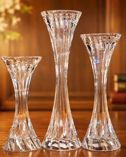 Vintage Solid Lead Crystal Pillar or Tapered Hourglass Shaped Candleholder/Candlesticks - Set of 3