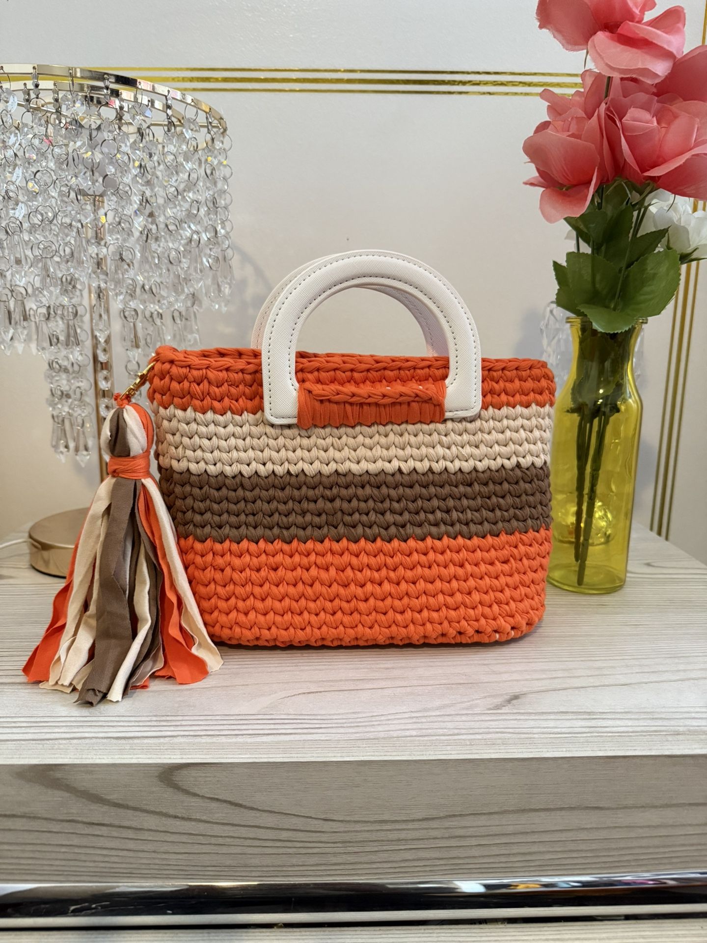 Handmade (H: 7.6 L: 10 Inches) Crochet Handbags with Leather Handle, Crossbody Strap & Satin Scarf | Three-Tone Crochet Purse | Elegant Gift for Her