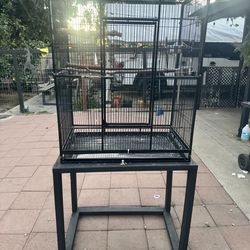 Large Bird Cage with Wooden Stand