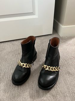 Givenchy Black Leather Ankle Boots with Gold Chain