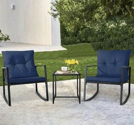 SUNCROWN 3-Piece Outdoor Patio Bistro Set Black Wicker Rocking Chairs with Coffee Table (Dark Blue)