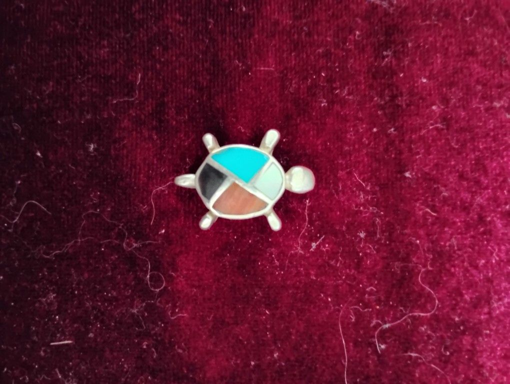 Navajo Sterling Silver Turtle Brooch Inlaid with Turquoise, Red Coral, Onyx+