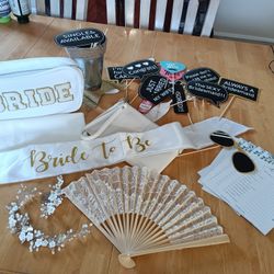 Bridal shower accessories paper parasol, lace fan, flower hair vine, shower quiz game, photo booth props, Bride sash, makeup bag & clutch purse

$20 f