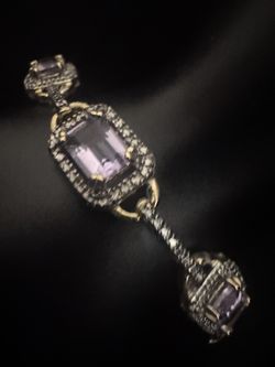 Sterling Silver Vermeil ~7x5MM Amethyst & Diamond Accent Halo Link Bracelet 