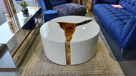 ROUND DESIGN COFFEE TABLE WHITE GLOSSY GOLD 47x47