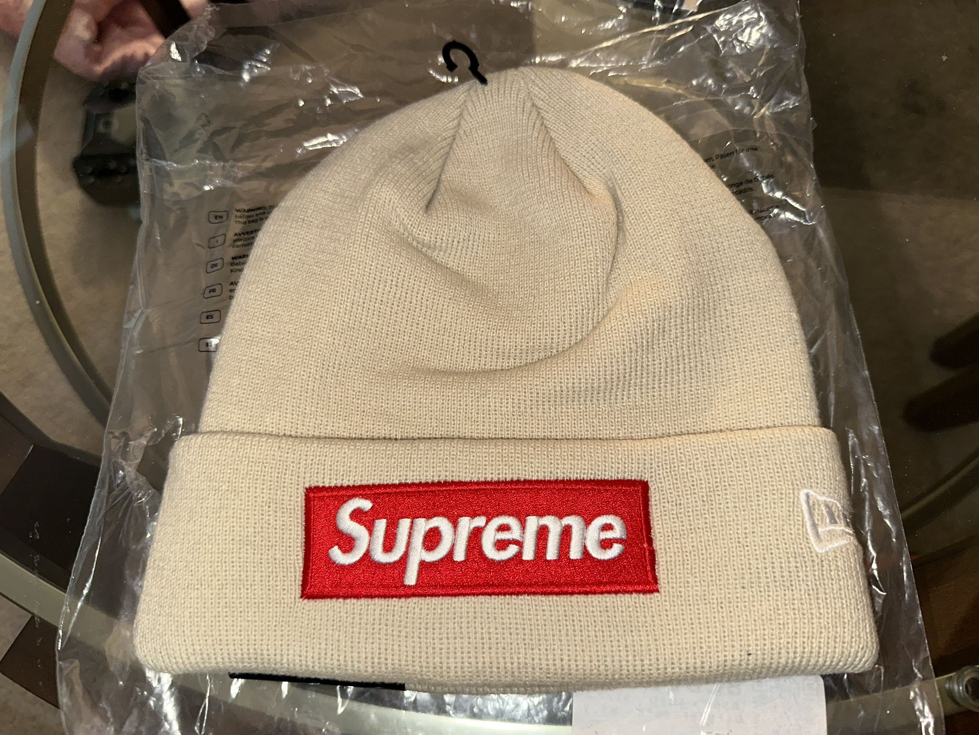 Genuine Supreme New Era Box Logo Beanie FW24 Stone