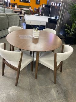 52” Round Dining table set w/ 4 walnut/beige dining chairs