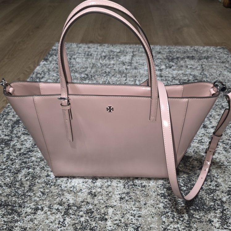 AUTH Tory Burch Emerson Small Tote Clay Pink Patent Leather Shoulder Bag $428