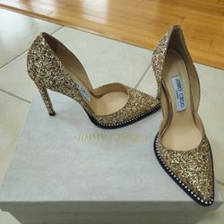 JIMMY CHOO
GLITTERED LEATHER BARBETTE 100 D’ORSAY PUMPS