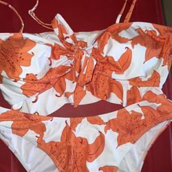 Orange Lily Floral 3 Piece Bikini Swim Set 