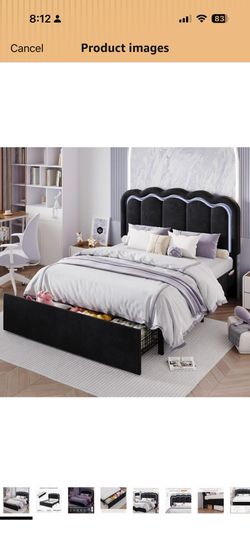 Black Upholstered Bed Frame with LED Headboard and Storage Drawer