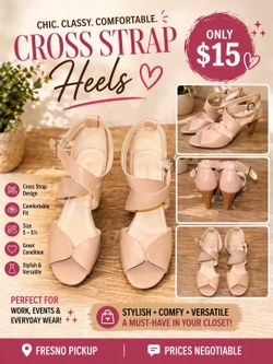 🔥 Nude Cross Strap Heels – Size 5–5.5 – Cute & Comfy – $15 🔥
