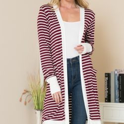 Striped Open-Front Cardigan - Burgundy and White