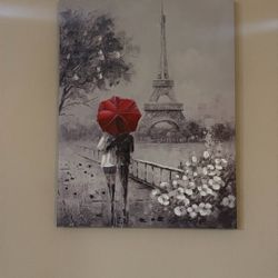 Paris Eiffel Tower Canvas Wall Art – Romantic Couple with Red Umbrella (39” x 30”)