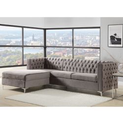 Grey Velvet Sectional With Storage Chrome Legs Tufted Nailhead Trim Brand New In Box Firm Price $799