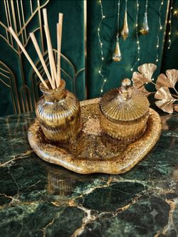Elegant Gold Decorative Tray Set with Glass Containers