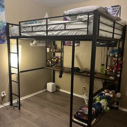 Full Size Loft Bed With Desk and Storage Shelves 