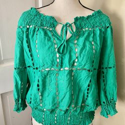INC International Concepts Green Embroidered Blouse Top 3/4 Sleeve BOHO Sz 8