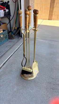 Brass Fireplace Tool Set with Wood Handles