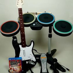 Rock Band 4 PS4 Wireless Bundle Fender Guitar Drums Mic Game PS5 PlayStation