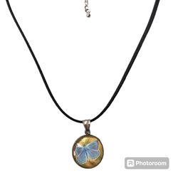 Stainless Steel Butterfly Blue & Yellow 1 Inch Pendant w/ 18” Suede Chain